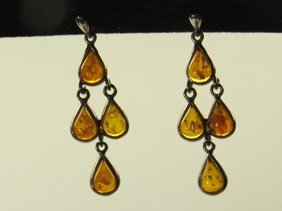 Vintage Amber Teardrop Dangles Earrings in 925 St… - image 4