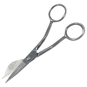 May include: Silver scissors with curved blades and finger loops. The blades are slightly curved and pointed. These scissors are designed for precision cutting, ideal for detailed work.