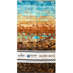 Peut inclure: Un assortiment de 40 bandes de tissu de la collection Bloom Grove par Island Batik. Les bandes présentent 20 motifs batik dans un dégradé de couleurs allant du bleu clair et turquoise à l'orange chaud, au brun et aux tons terreux. Texte : 2 1/2" Strips.