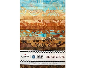 May include: A stack of 40 fabric strips from the Bloom Grove collection by Island Batik. The strips feature 20 batik designs in a gradient of colors ranging from light blue and turquoise to warm orange, brown, and dark earth tones. Text reads 2 1/2" Strips.