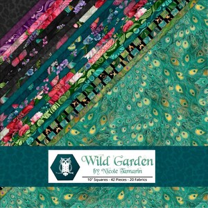 May include: A collection of 42 fabric squares measuring 10 inches each, featuring the Wild Garden by Nicole Tamarin pattern. The set includes 20 different designs with floral motifs, peacock feather patterns, and geometric prints in teal, green, and purple.