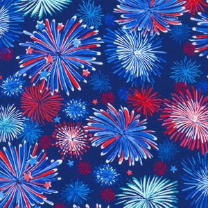 May include: A repeating pattern of stylized fireworks in red, white, and blue against a dark blue background. The design includes star shapes and various sizes of firework bursts, creating a festive and patriotic theme.