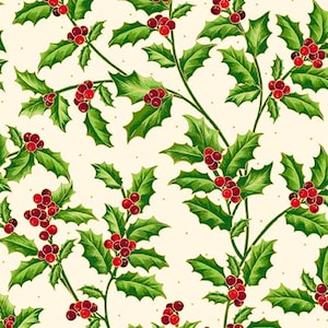 May include: A repeating pattern featuring vibrant green holly leaves with sharp, pointed edges and clusters of bright red berries set against a cream-colored background decorated with small, evenly spaced gold-colored dots throughout the design.