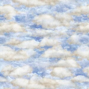 May include: A repeating pattern of soft, white, and beige clouds set against a light blue sky background. The design features a continuous, seamless arrangement of fluffy cloud formations with varying shades of blue and cream throughout.