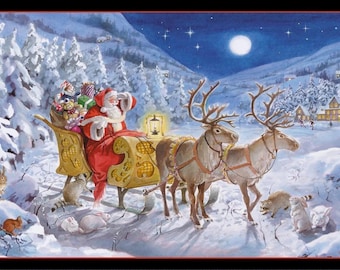May include: Santa Claus in a red suit and white beard rides in a sleigh pulled by two reindeer. The sleigh is decorated with gold trim and filled with presents. The scene is set in a snowy winter wonderland with a full moon and stars in the sky.