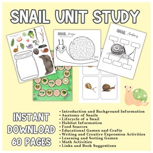 Może przedstawiać: Drukowalne studium jednostki ślimaka z 60 stronami aktywności, w tym labiryntem, schematem anatomicznym i planszą do gry. Studium jednostki zawiera informacje o ślimakach, ich anatomii, cyklu życia, środowisku i źródłach pożywienia. Zawiera również gry edukacyjne i rękodzieło, ćwiczenia pisania i kreatywnej ekspresji, gry uczące i sortowania, ćwiczenia matematyczne oraz linki i sugestie książkowe.
