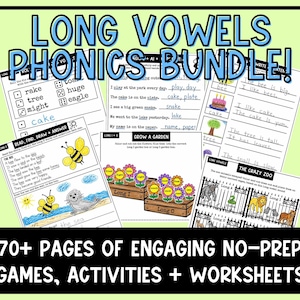 Phonics Bundle, No-Prep English , Long Vowels, Decodables, Grade 1-2, Language Arts, Science of Reading Worksheets, Printable, Workbook