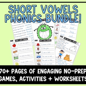 Può includere: Una raccolta di schede didattiche intitolata Short Vowels Phonics Bundle, composta da pagine stampate in bianco e nero con esercizi, un'illustrazione di un mostro verde e il testo 70+ Pages of Engaging No-Prep Games, Activities + Worksheets.