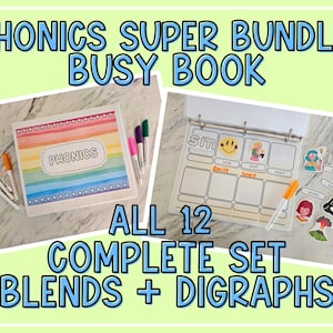 May include: A Phonics Super Bundle Busy Book with a rainbow-striped cover labelled PHONICS. The open binder displays a worksheet with the letters sm, a smiley face, and word cards including smile, smell, and smart, accompanied by colourful markers.