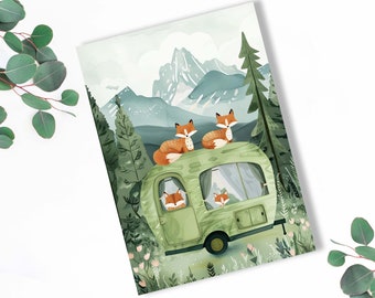 Fox Family Housewarming Card | Cute Foxes in Caravan Greeting Card | New Home Card | Traveling Foxes Card | Moving House Card