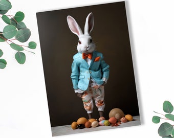 Easter rabbit card, bunny in jacket and bowtie with eggs, illustrated greeting card