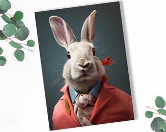 Easter bunny card, rabbit in orange jacket, illustrated greeting card