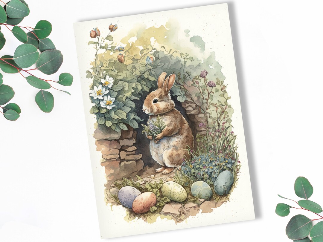 Easter Bunny in the Garden, Easter Card, Illustrated Greeting Card Etsy