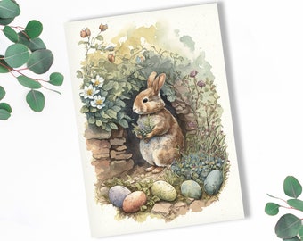 Easter bunny in the garden, Easter card, illustrated greeting card