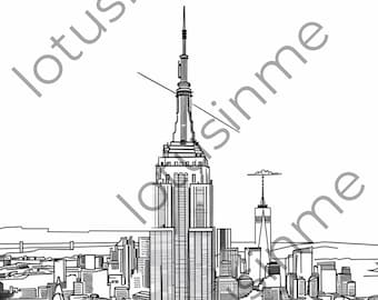 Empire State Building, Nueva York, América, Dibujo de Arquitectura, Hoja para colorear, Arquitectura, Blanco y negro, Descarga Digital