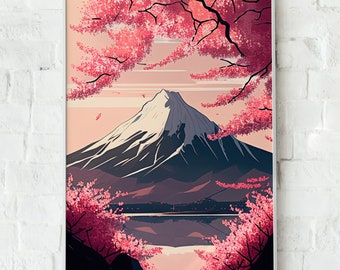 Anime Mount Fuji Wall Art Digital Print Japanese Landscape Art Japan Mountain Poster Anime Style Aesthetic Room Decor Fuji Japan Cherry Art