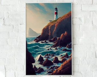Oil Painting Coastal Lighthouse | Digital Printable Wall Art
