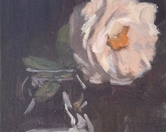 Fleur blanche unique dans un vase 6x8 petite peinture à l'huile originale nature morte sur lin panneau ferme décor art mural