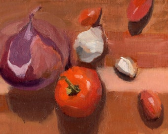 Sauce 6 x 8 petite peinture à l'huile originale nature morte sur panneau de lin décoration de ferme art mural