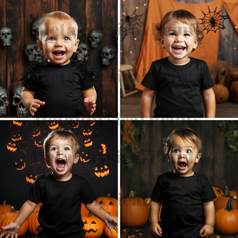 May include: Four photos of children dressed in black Halloween costumes. The children are smiling and laughing. The photos are set against different Halloween-themed backgrounds.