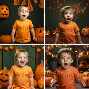 May include: Four children dressed in orange shirts with a Halloween theme. The children are all looking at the camera with surprised expressions. The background is decorated with pumpkins and other Halloween decorations.