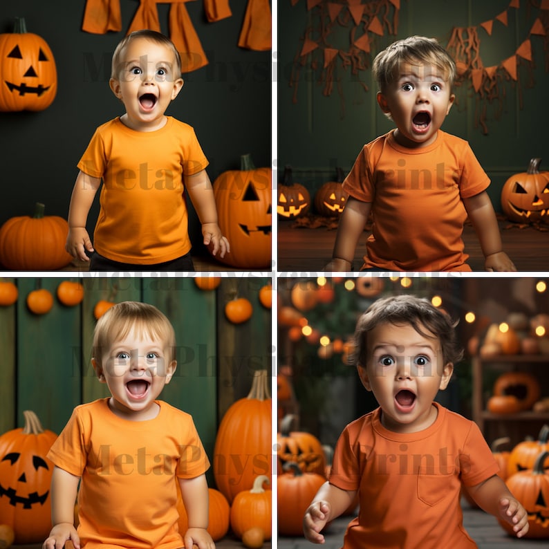 May include: Four children dressed in orange shirts with a Halloween theme. The children are all looking at the camera with surprised expressions. The background is decorated with pumpkins and other Halloween decorations.