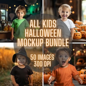 May include: A set of 50 Halloween-themed images featuring children in various costumes and settings. The images are 300 DPI and perfect for creating personalized Halloween cards, invitations, or social media posts.