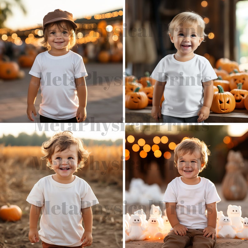May include: Four photos of young children wearing white t-shirts. The first photo shows a child wearing a brown hat and standing in front of a blurred background of pumpkins. The second photo shows a child smiling and standing in front of a background of pumpkins. The third photo shows a child smiling and standing in a field of tall grass. The fourth photo shows a child sitting on the ground in front of a background of white ghost decorations.