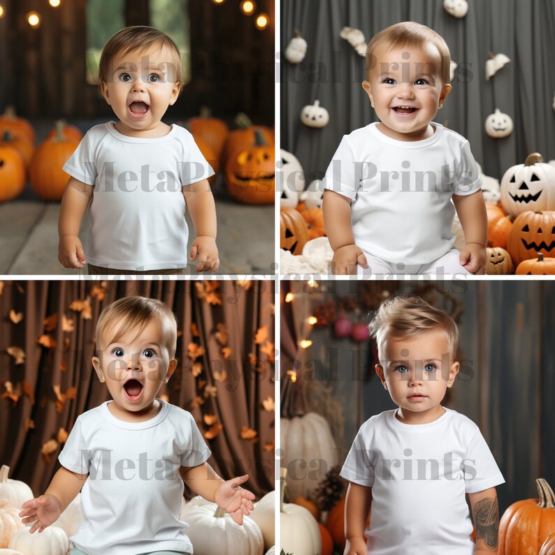 May include: Four babies wearing white t-shirts are sitting in front of different Halloween-themed backdrops. The babies are all smiling and looking at the camera. The backdrops include pumpkins, fall leaves, and a gray background with bats.