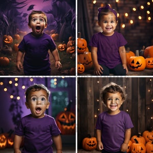 May include: Four children dressed in purple shirts pose in front of Halloween-themed backgrounds. The children are surrounded by pumpkins and string lights.