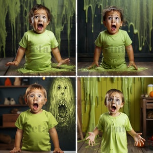 May include: A collage of four images featuring a young child with a surprised expression. The child is wearing a green shirt and is surrounded by green slime. The images are set against a dark green and yellow background.