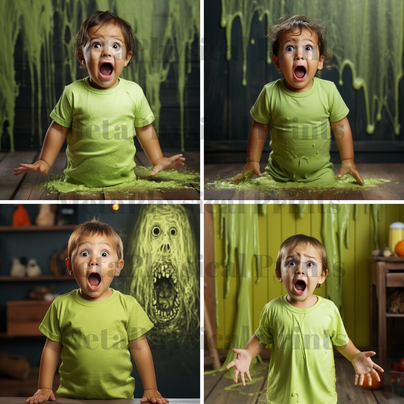 May include: A collage of four images featuring a young child with a surprised expression. The child is wearing a green shirt and is surrounded by green slime. The images are set against a dark green and yellow background.