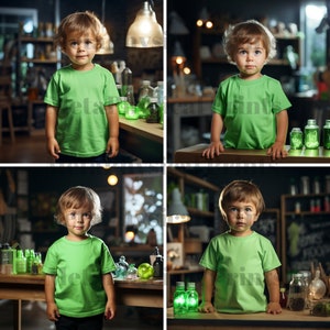 May include: A young person wearing a green t-shirt stands in front of a table with green glass bottles and jars. The person is looking at the camera.