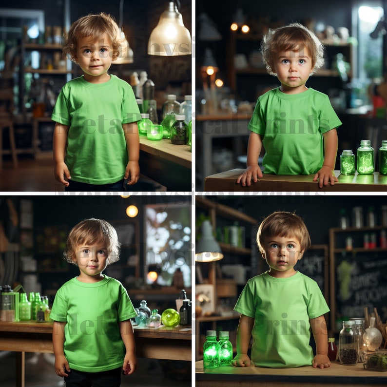 May include: A young person wearing a green t-shirt stands in front of a table with green glass bottles and jars. The person is looking at the camera.