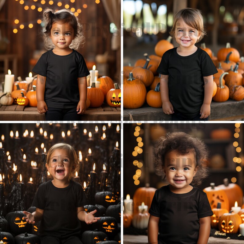 May include: Four children wearing black t-shirts pose in front of Halloween decorations. The children are surrounded by pumpkins and candles.