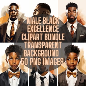 May include: A digital illustration clipart bundle of five black men in suits and bow ties. The men are of different ages and have different hairstyles. The background is transparent.  "Male Black Excellence Clipart Bundle Transparent Background 50 PNG Images"