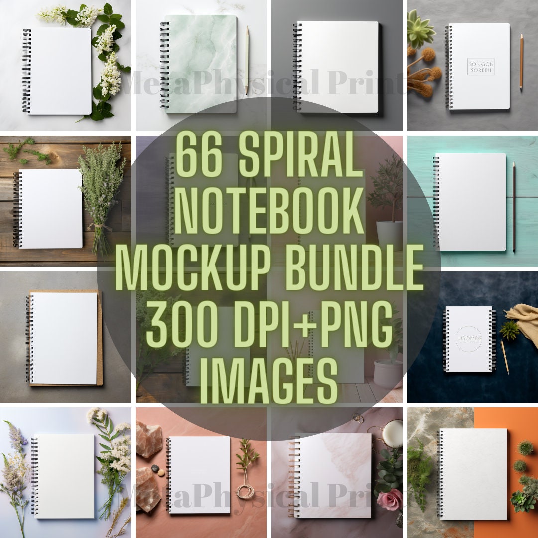 Spiral Bound Notebook Mockup Bundle, Blank Canvas Notepad Cover Template, Boho Theme Journal Mock, Notebook Design Set Instant Download PNG