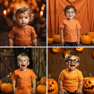 May include: Four children dressed in orange shirts pose with pumpkins. The children are smiling and looking at the camera. The pumpkins are various sizes and shapes.