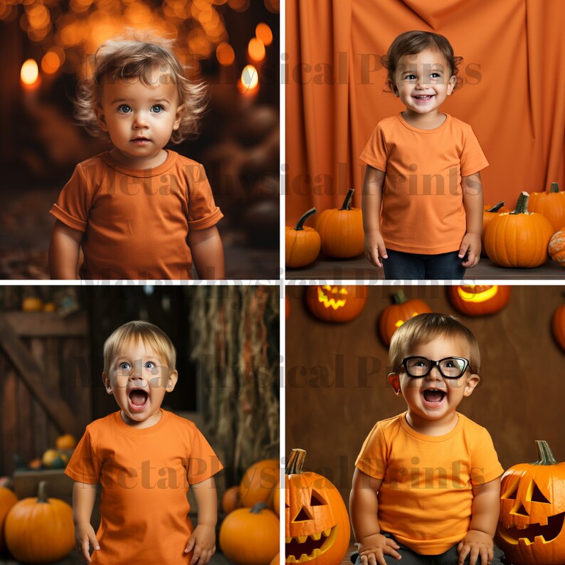 May include: Four children dressed in orange shirts pose with pumpkins. The children are smiling and looking at the camera. The pumpkins are various sizes and shapes.