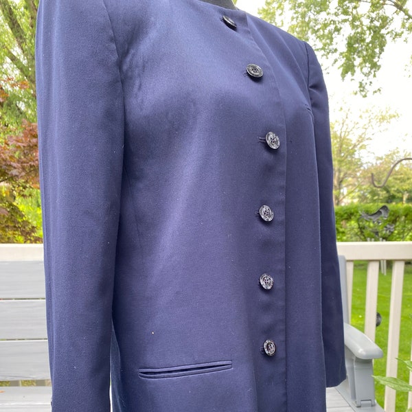 Vintage Kasper for A.S.L. Button-up Blazer, Dark Blue Blazer, Size 12 Blazer, Long Blazer for Women, Collarless Blazer, Business Attire