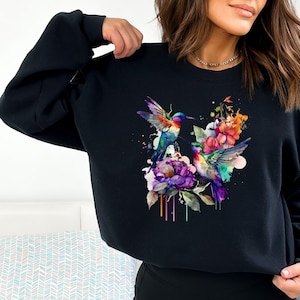 Hummingbird Sweatshirt, Gift For Her, Spring Birds, Bird Sweatshirt, Bird Lover Gift, Watercolor Hummingbird, Floral Hummingbird Shirt
