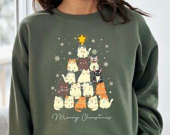 Christmas Cat Tree Sweatshirt, Cat Lover Meow Holiday Hoodie