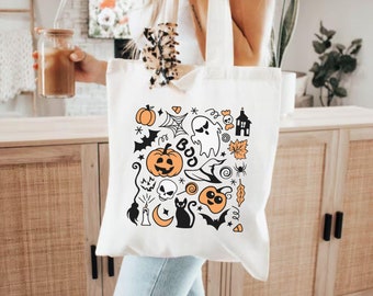 Halloween Doodles Tote Bag, Halloween Squad Tote bag, Funny Halloween Gift Bag, Trick Or Treat Tote Bag, Funny Ghost Totes , Halloween Gift