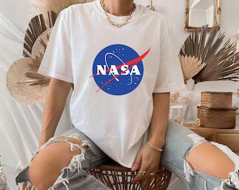 Women’s NASA Logo T-Shirt in Black for Women - Women's NASA Distressed Shirt - Space Shirts - Nasa Space Tees, NASA Shirt for Women