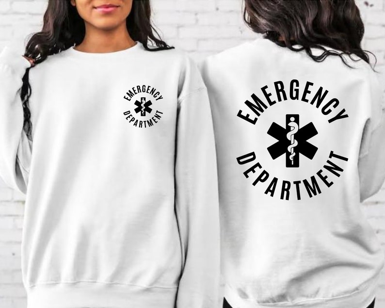 May include: White sweatshirt with a black graphic on the front and back. The graphic is a circle with the text "EMERGENCY DEPARTMENT" and a medical symbol with a snake.