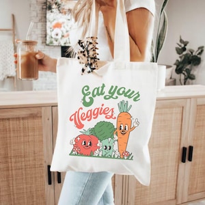 Eat Your Veggies Tote Bag, Farmer&#39;s Market Bag, Reusable Grocery Bag, Shopping Tote, Retro Aesthetic Bag, Farmers Market Canvas Tote