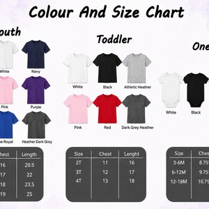 The image is a color and size chart for children's clothing, including t-shirts and onesies in various colors and sizes.