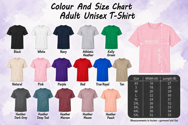 The image is a color and size chart for an adult unisex t-shirt, displaying various color options and corresponding measurements.