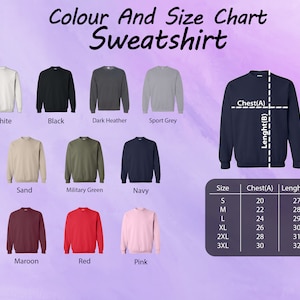 Puede incluir: Tabla de colores y tallas para sudaderas en varios colores, incluyendo blanco, negro, gris oscuro jaspeado, gris deportivo, arena, verde militar, azul marino, granate, rojo y rosa. La tabla muestra las medidas de pecho y longitud en pulgadas para las tallas S, M, L, XL, 2XL y 3XL.
