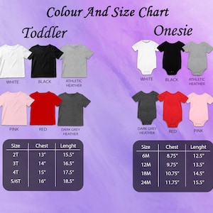 Puede incluir: Una tabla de colores y tallas para camisetas y bodies de ni&ntilde;o peque&ntilde;o. La tabla muestra varios colores, incluyendo blanco, negro, rosa y rojo. Se proporcionan detalles de tallas y medidas para cada prenda, con medidas de pecho y largo en pulgadas.
